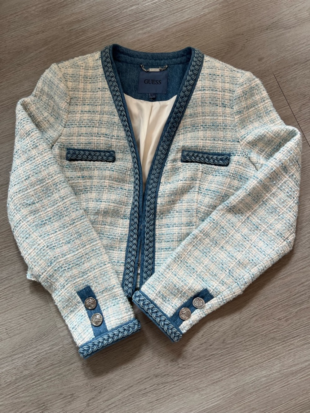 GUESS Blue & Cream Tweed Open-Front Blazer